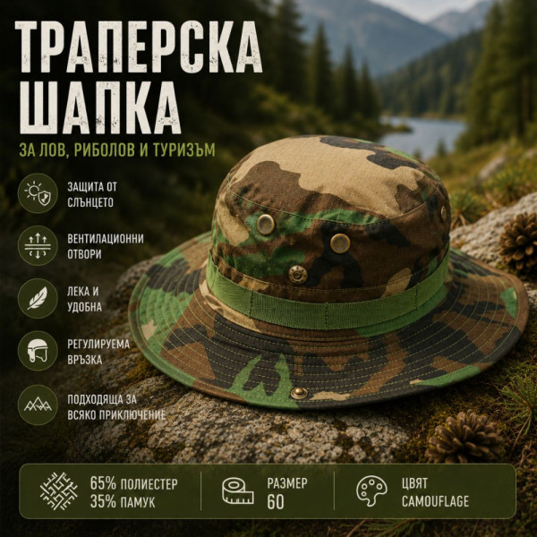 Траперска шапка с вентилационни отвори за лов, риболов и туризъм Camouflage, регулируема връзка